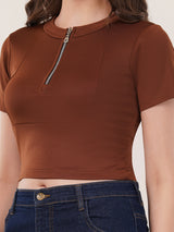 Clobug Women Solid High Neck Short Sleeve Crop Top