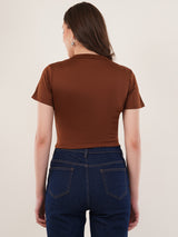 Clobug Women Solid High Neck Short Sleeve Crop Top