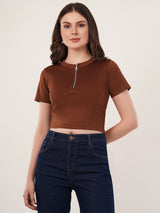 Clobug Women Solid High Neck Short Sleeve Crop Top