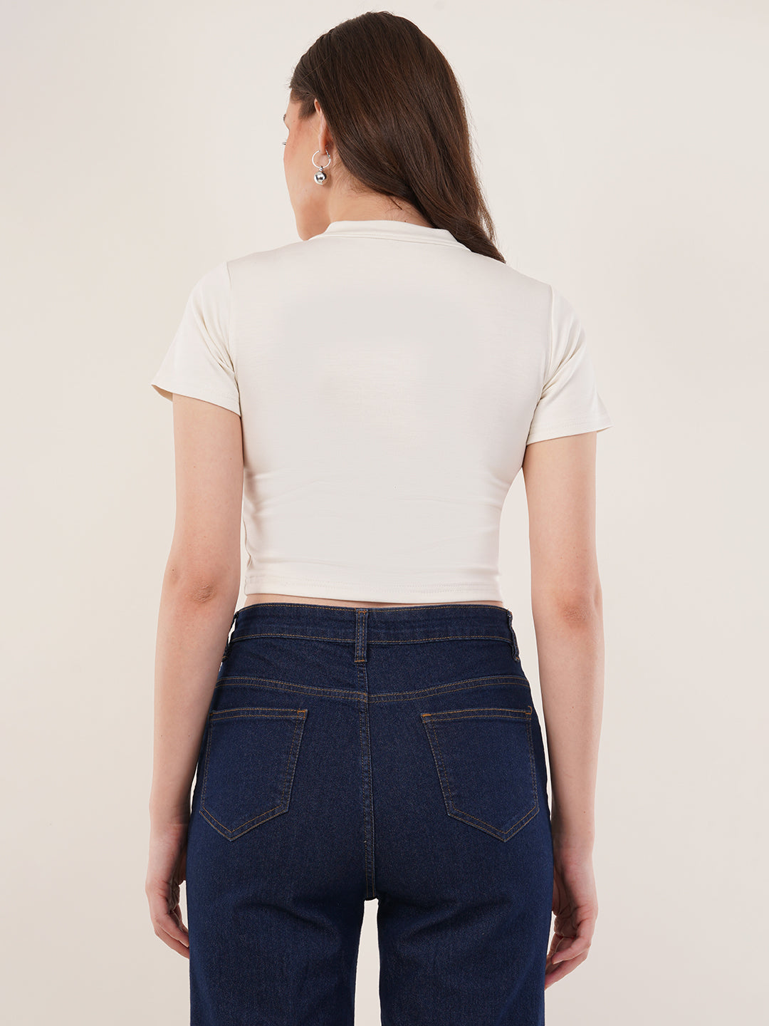 Clobug Women Solid High Neck Short Sleeve Crop Top