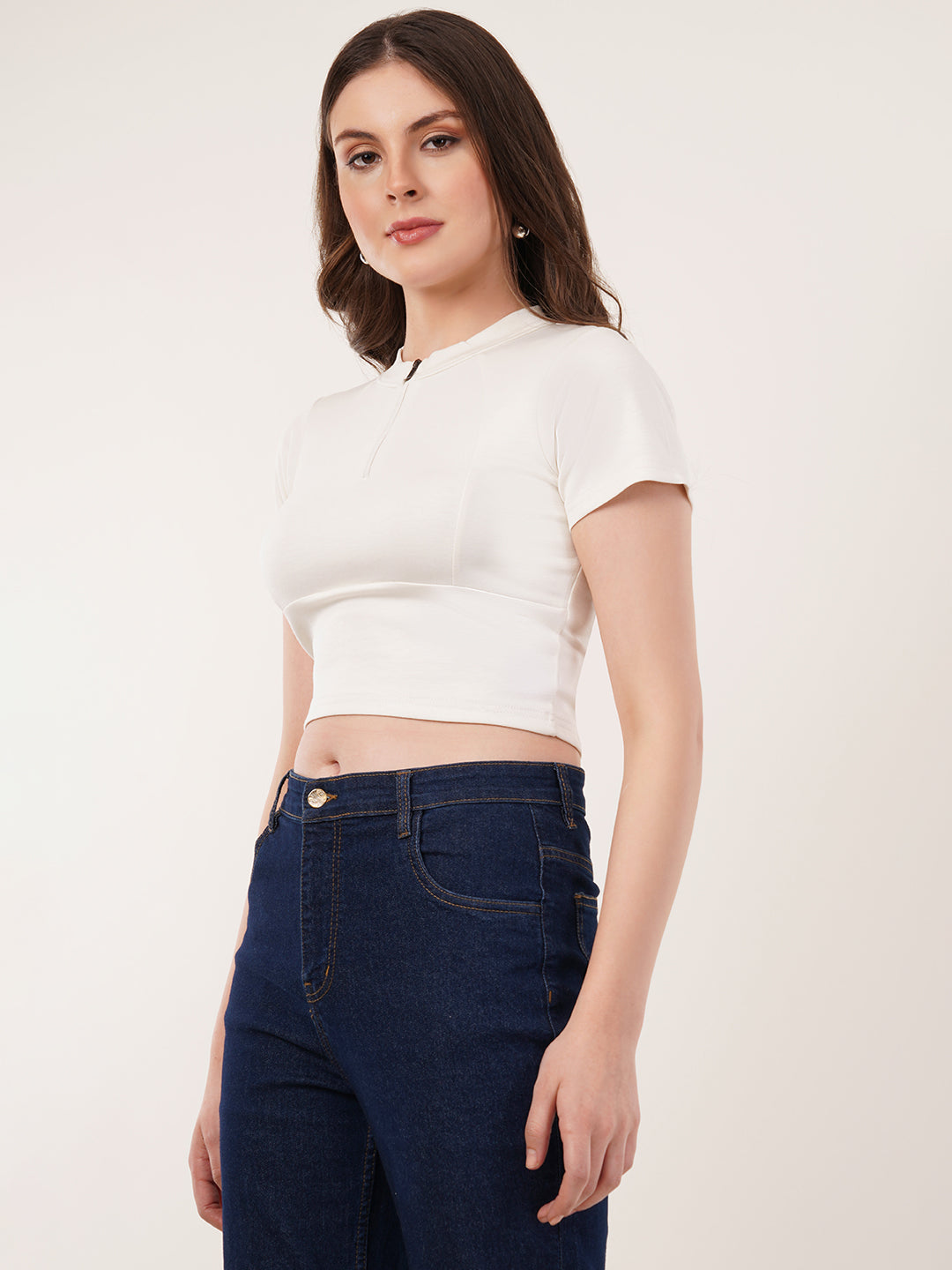 Clobug Women Solid High Neck Short Sleeve Crop Top