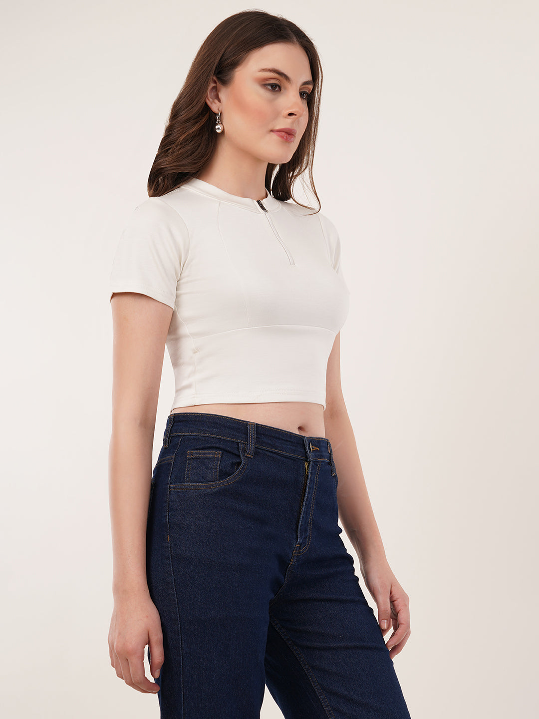 Clobug Women Solid High Neck Short Sleeve Crop Top