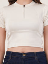 Clobug Women Solid High Neck Short Sleeve Crop Top