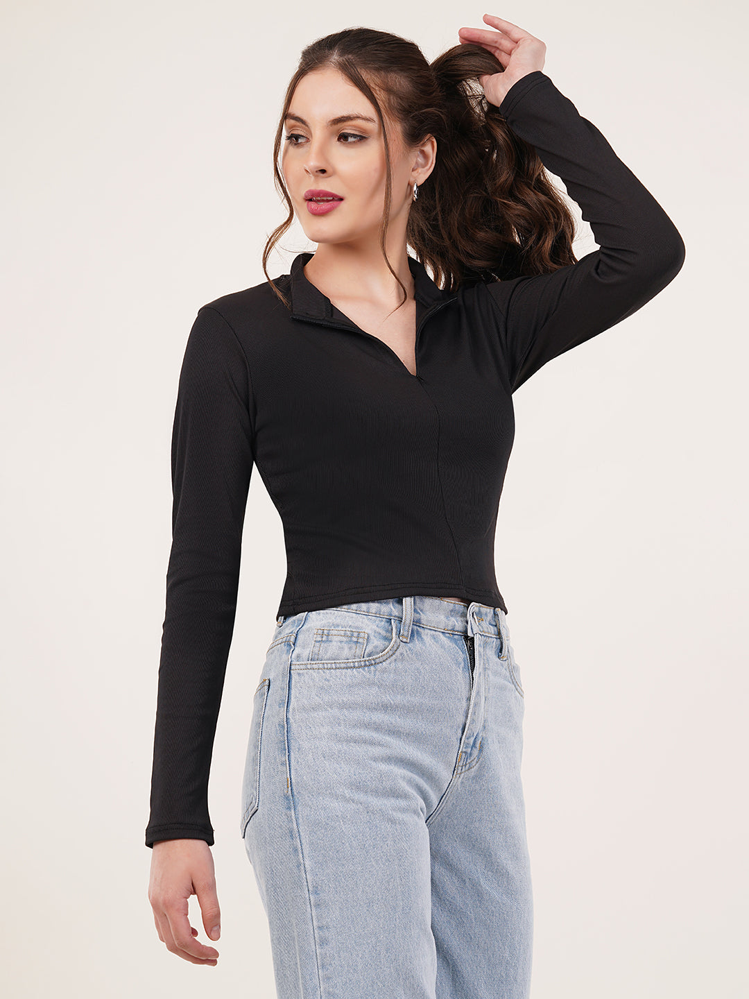 Clobug Women Black High Neck Regular Crop Top