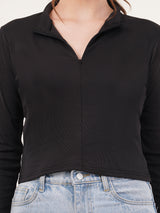 Clobug Women Black High Neck Regular Crop Top
