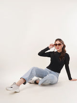 Clobug Women Black High Neck Regular Crop Top