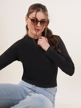 Clobug Women Black High Neck Regular Crop Top