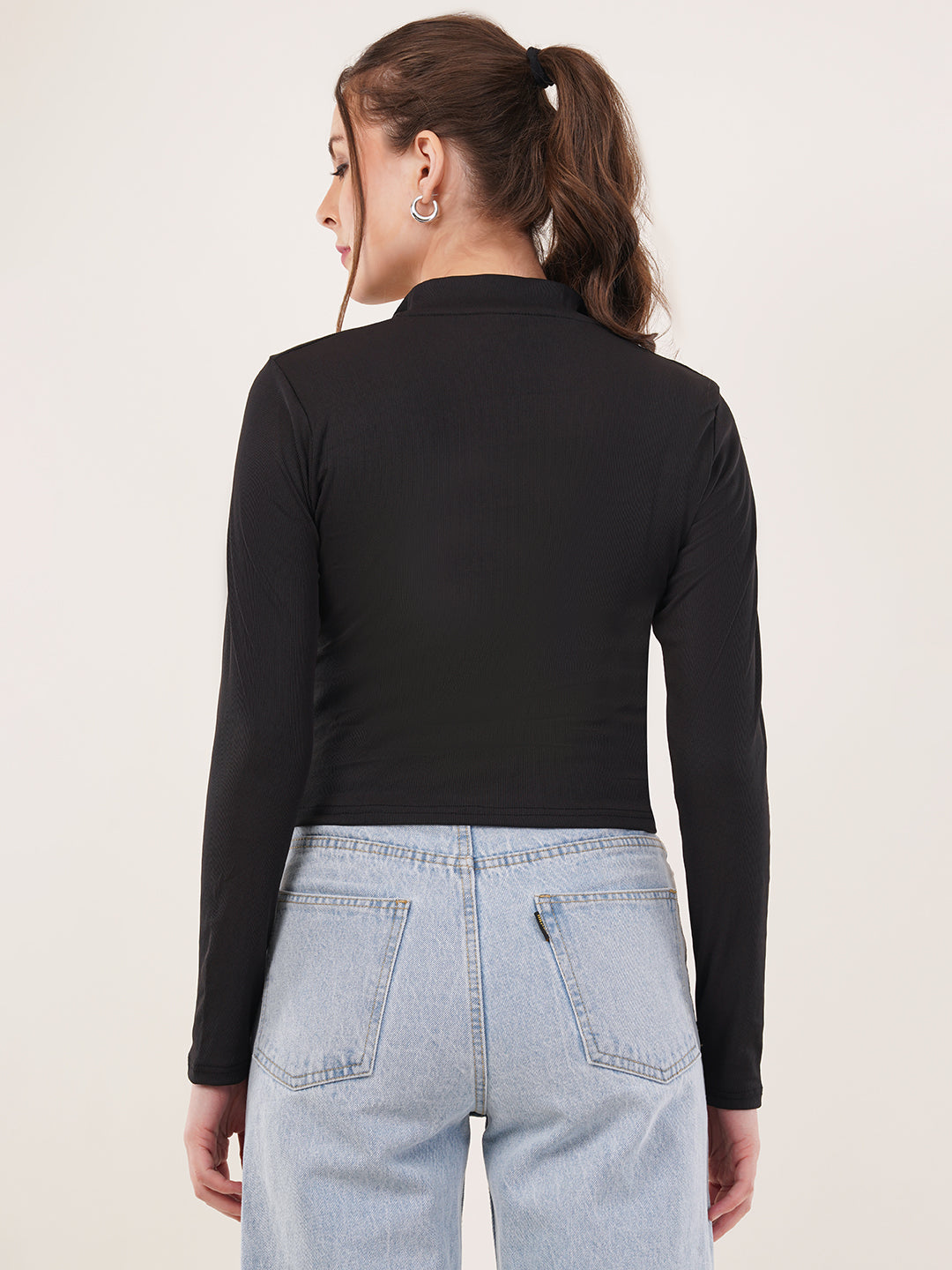 Clobug Women Black High Neck Regular Crop Top