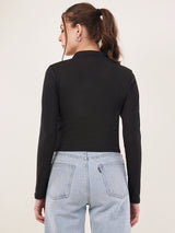 Clobug Women Black High Neck Regular Crop Top