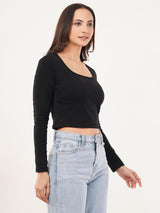 Clobug Women Black Square Neck Full Sleeve Crop Top