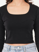 Clobug Women Black Square Neck Full Sleeve Crop Top