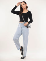 Clobug Women Black Square Neck Full Sleeve Crop Top