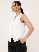 Clobug Women Cotton Blend Sleeveless White Blazer