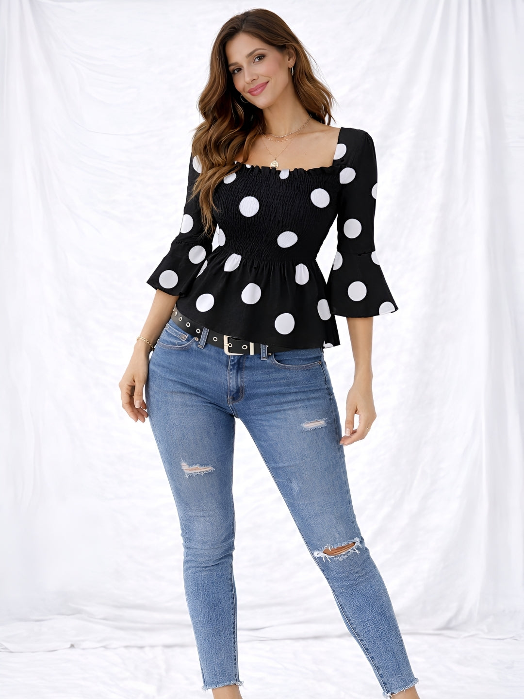 Clobug Women Polka Printed Full Sleeve Crepe Top