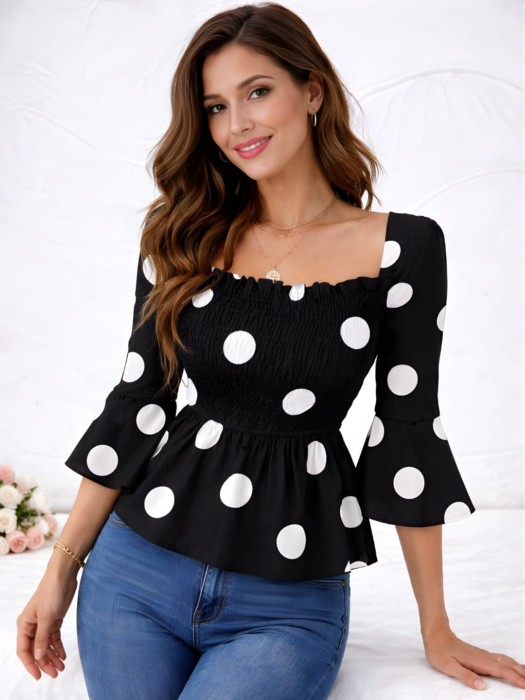 Clobug Women Polka Printed Full Sleeve Crepe Top