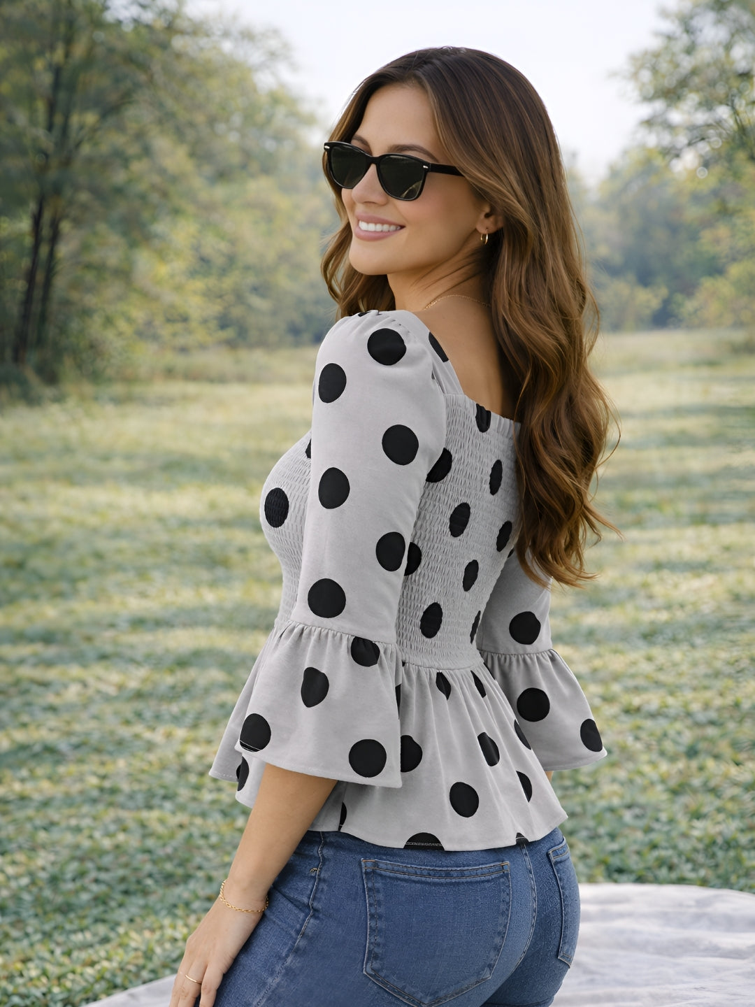 Clobug Women Polka Printed Full Sleeve Crepe Top