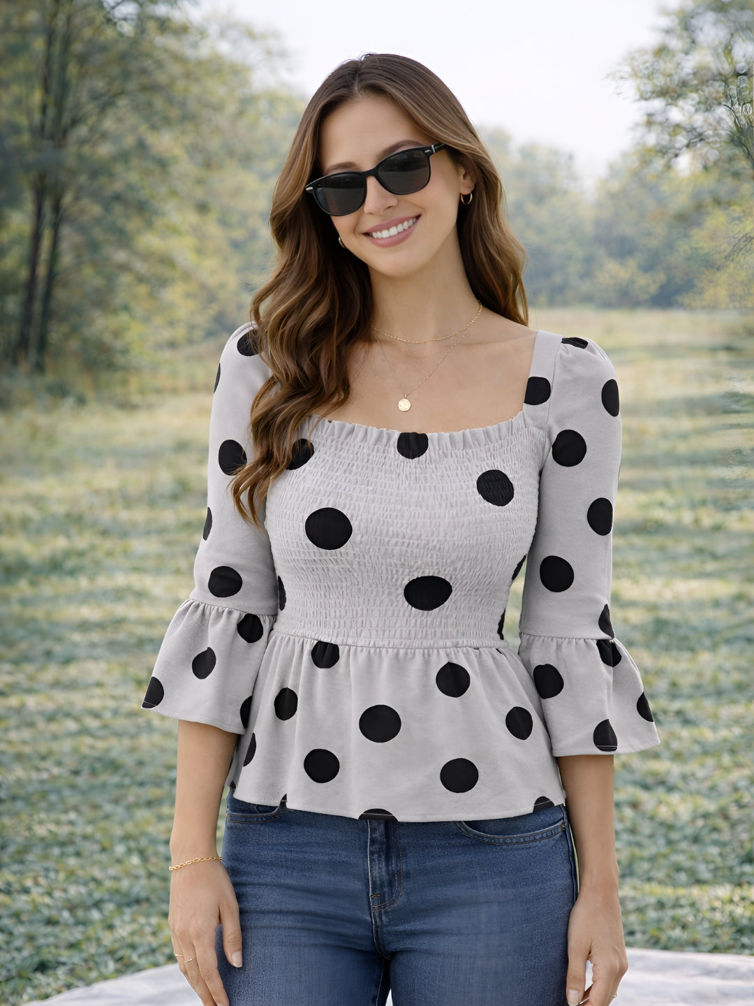 Clobug Women Polka Printed Full Sleeve Crepe Top