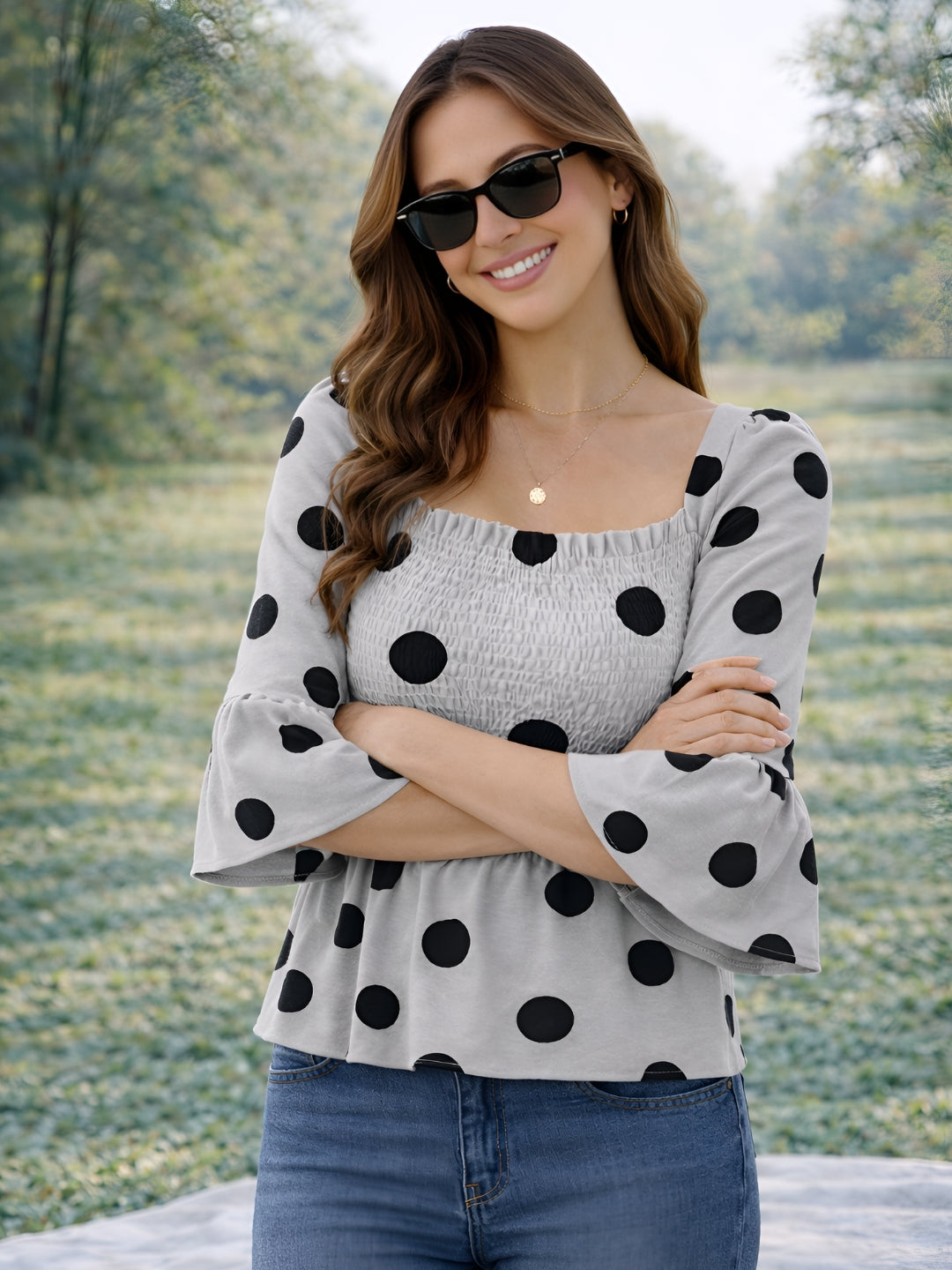 Clobug Women Polka Printed Full Sleeve Crepe Top