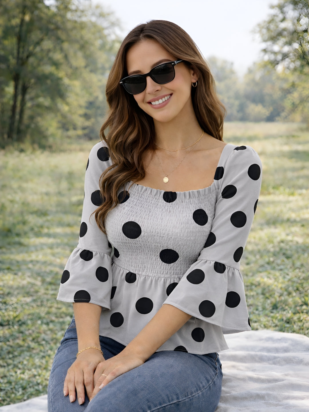 Clobug Women Polka Printed Full Sleeve Crepe Top