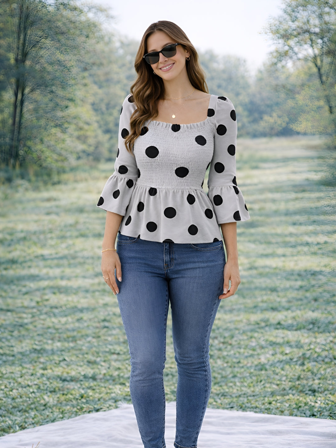 Clobug Women Polka Printed Full Sleeve Crepe Top