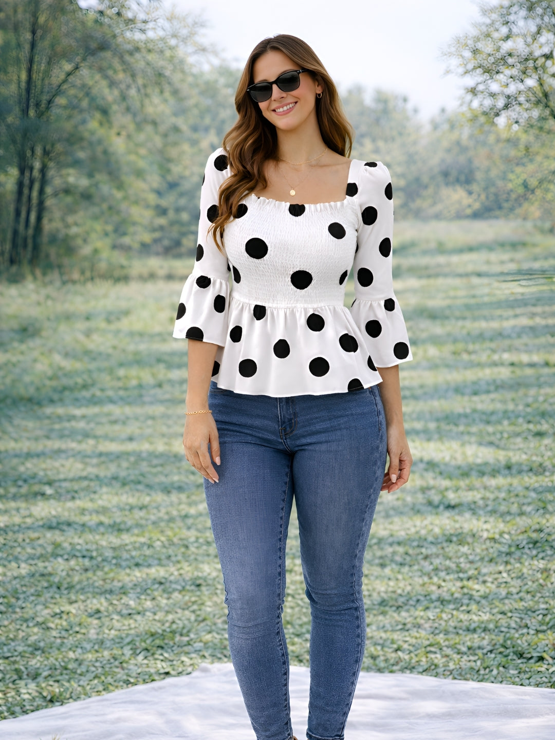 Clobug Women Polka Printed Full Sleeve Crepe Top