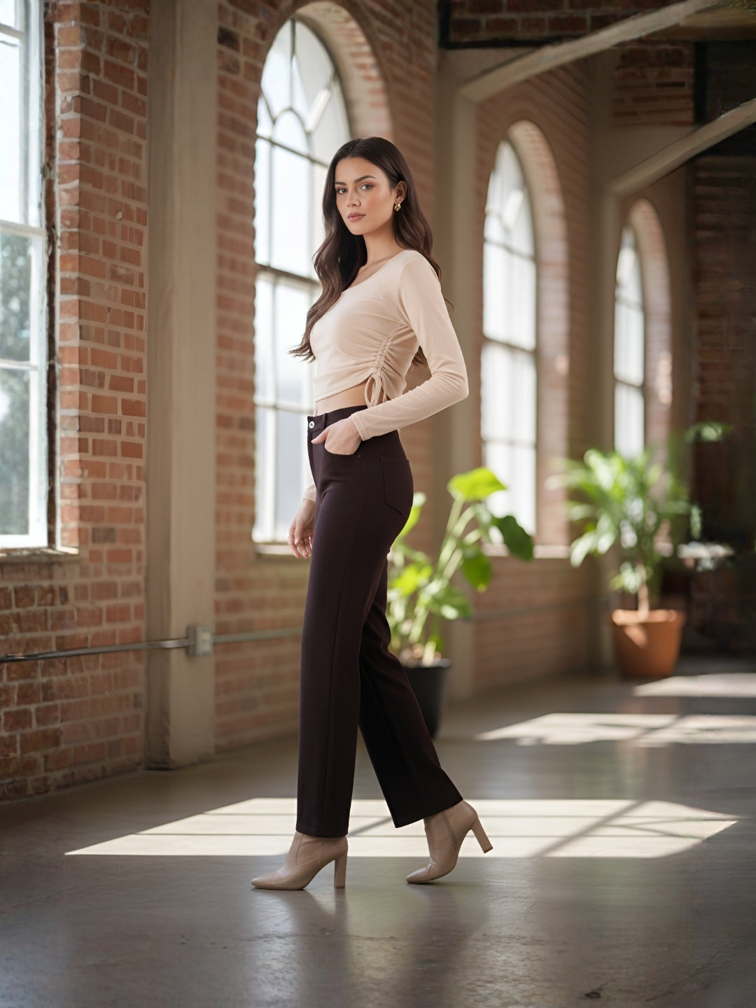 Solid Square Neck Full Sleeve Fitted Crop Top With Adjustable Strings