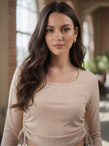 Solid Square Neck Full Sleeve Fitted Crop Top With Adjustable Strings