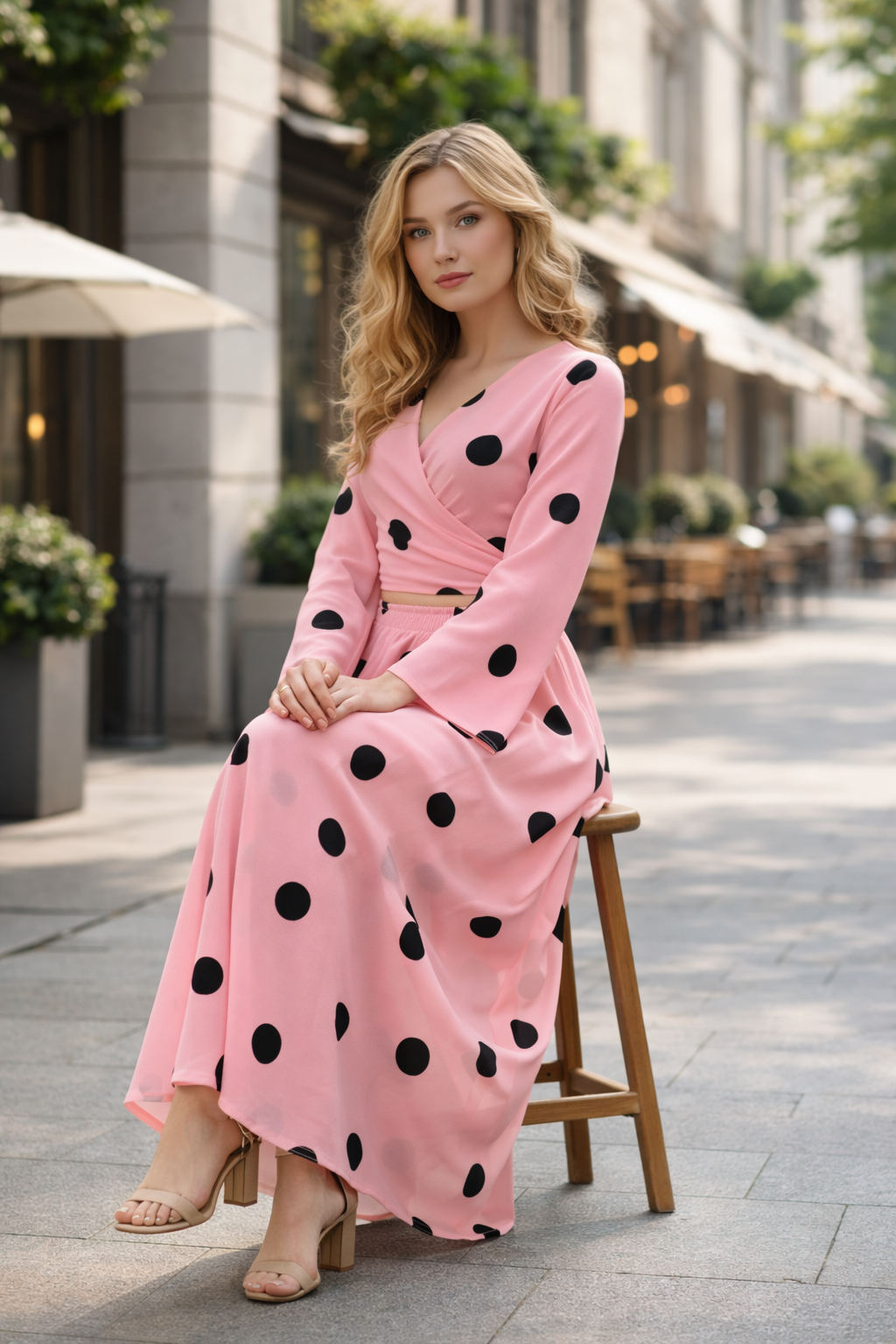 Clobug Women Polka Printed Full Sleeve Crepe Top & Skirt Set