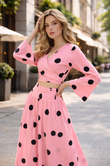 Clobug Women Polka Printed Full Sleeve Crepe Top & Skirt Set