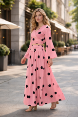 Clobug Women Polka Printed Full Sleeve Crepe Top & Skirt Set