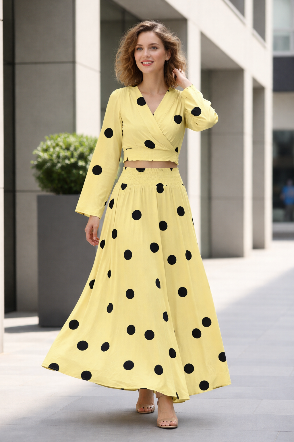 Clobug Women Polka Printed Full Sleeve Crepe Top & Skirt Set