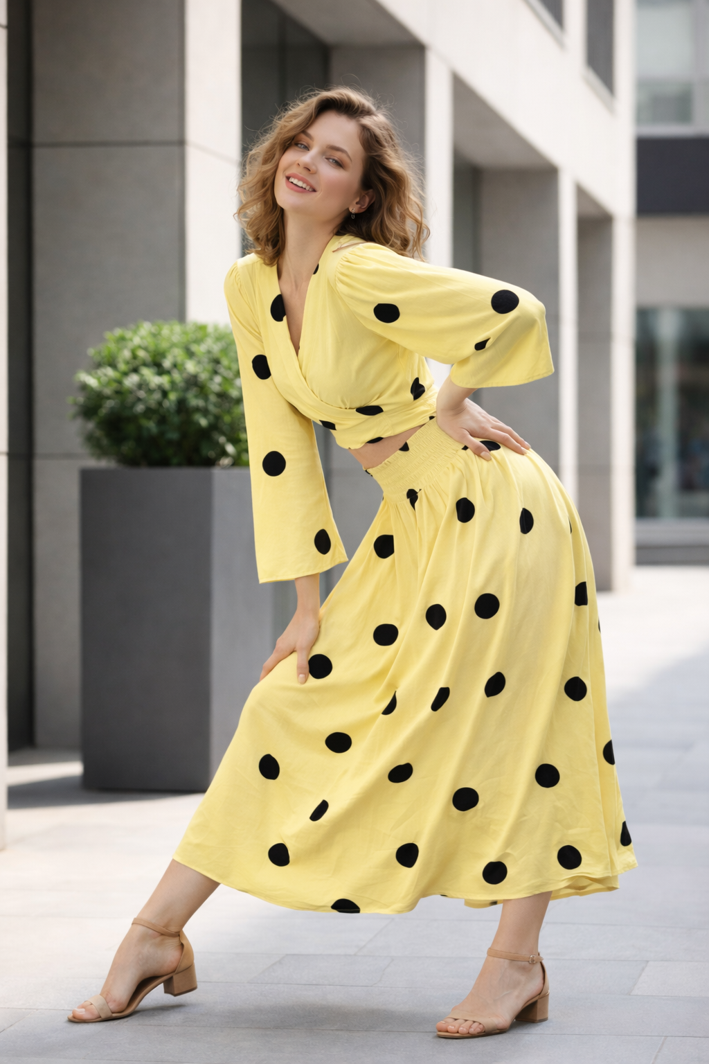 Clobug Women Polka Printed Full Sleeve Crepe Top & Skirt Set