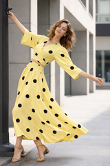 Clobug Women Polka Printed Full Sleeve Crepe Top & Skirt Set