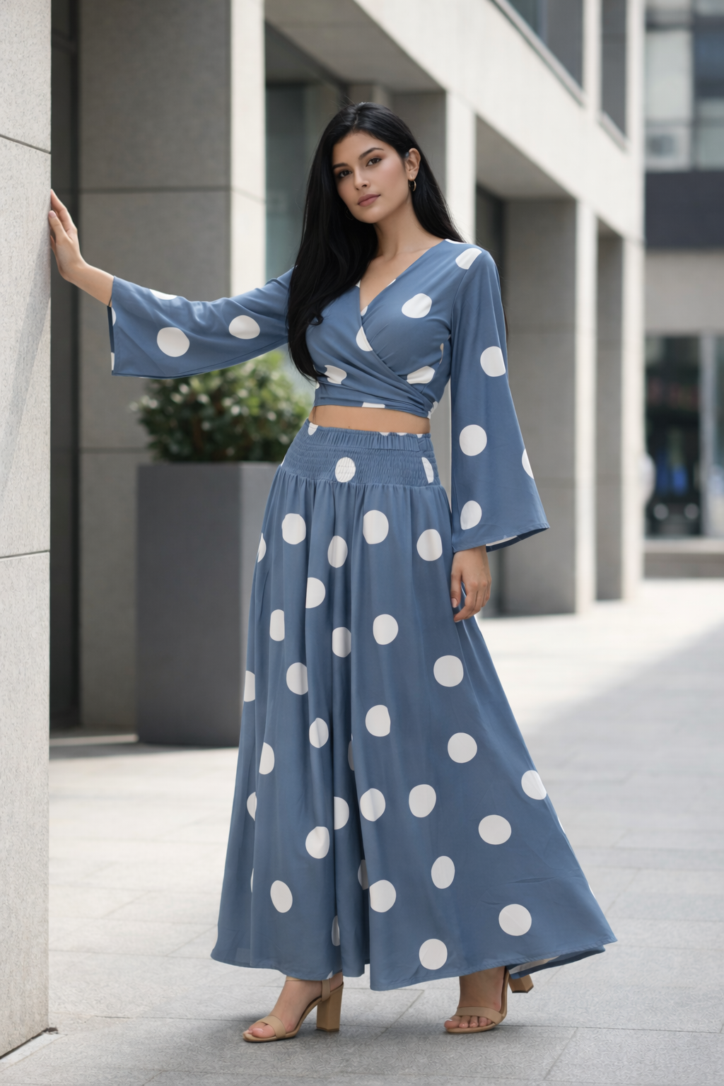 Clobug Women Polka Printed Full Sleeve Crepe Top & Skirt Set