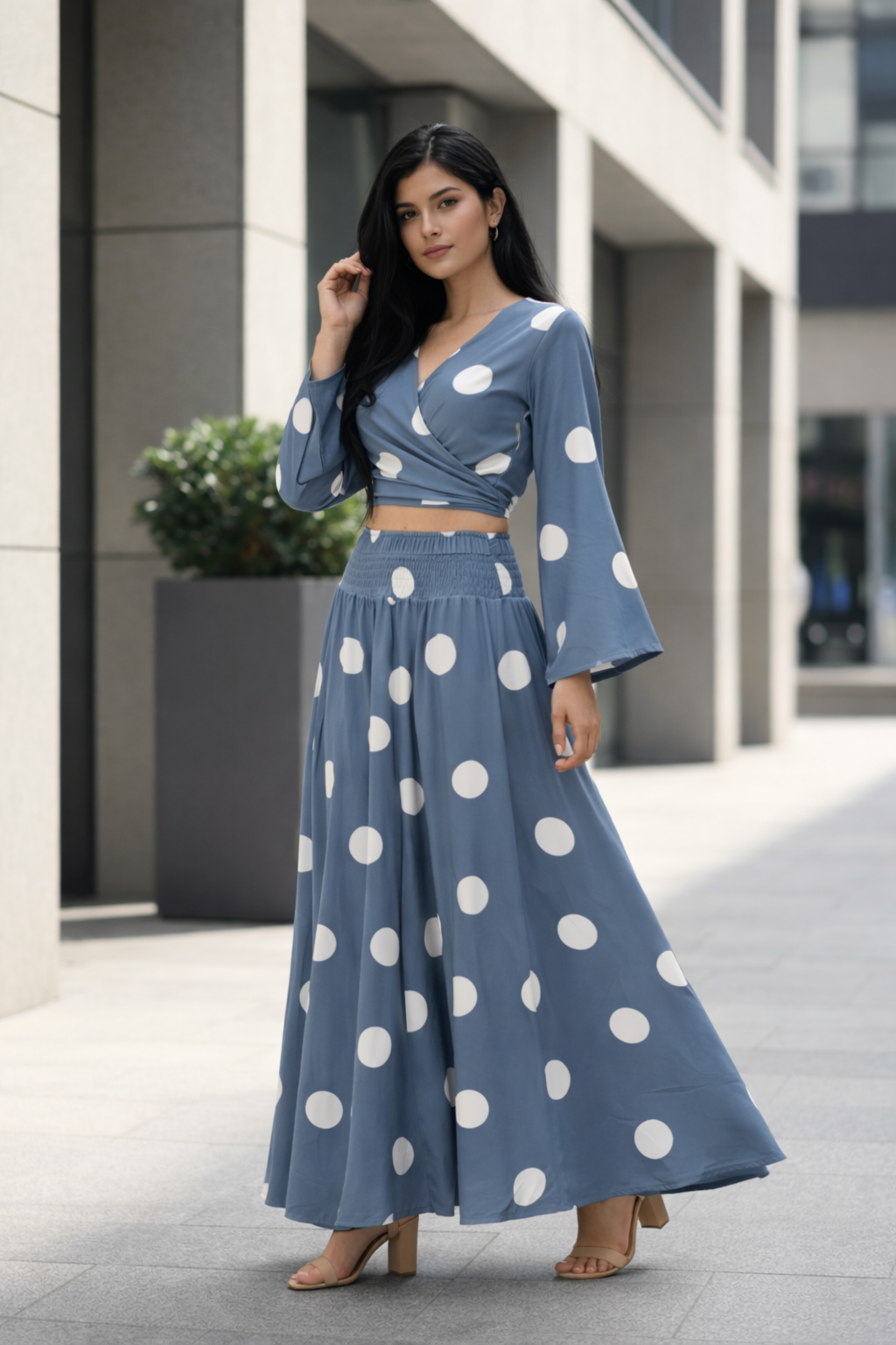 Clobug Women Polka Printed Full Sleeve Crepe Top & Skirt Set