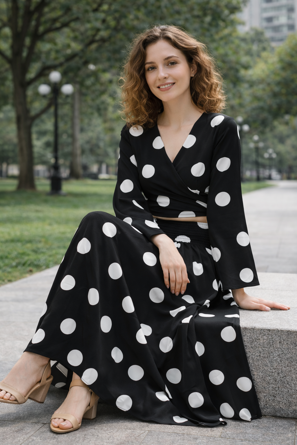 Clobug Women Polka Printed Full Sleeve Crepe Top & Skirt Set