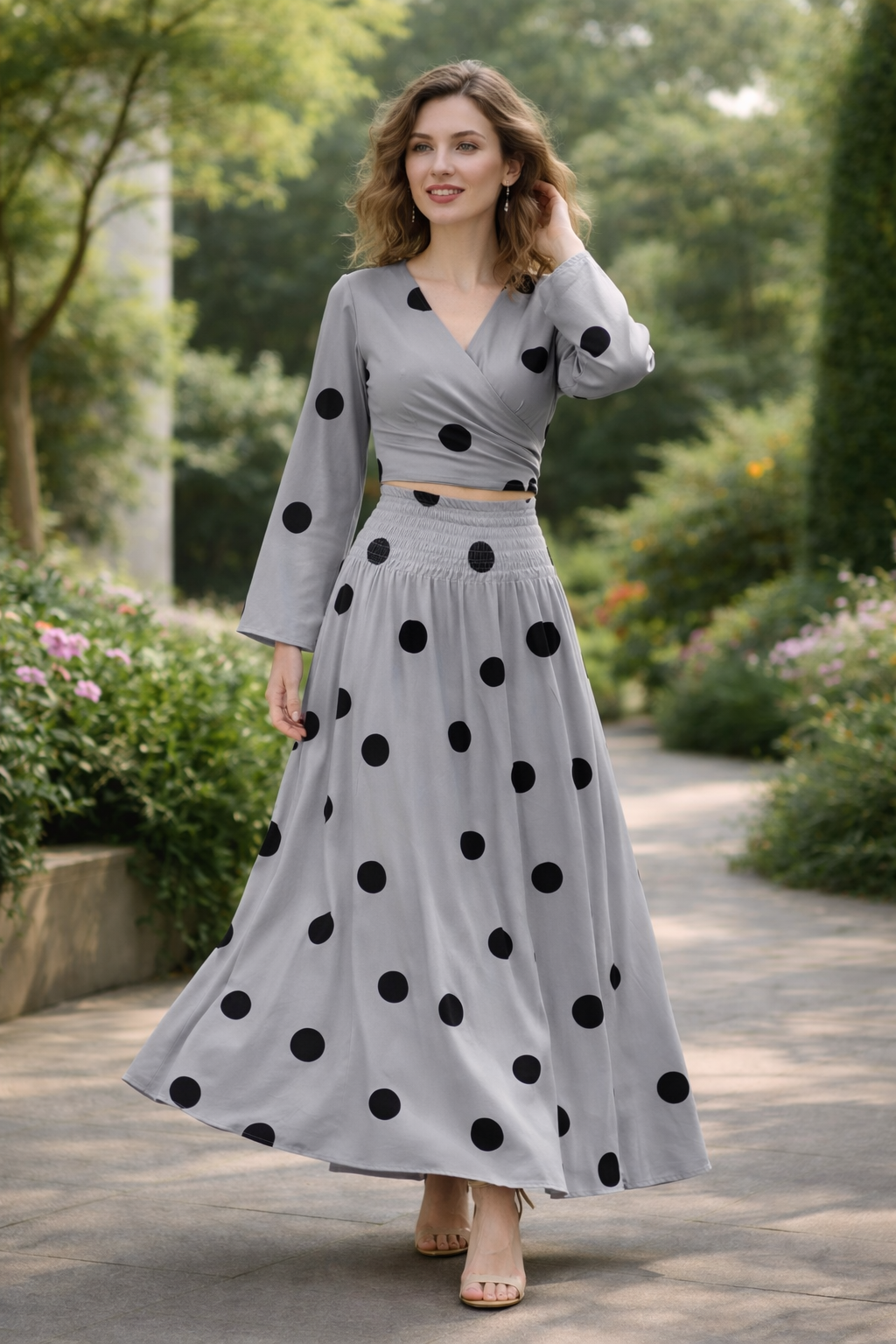 Clobug Women Polka Printed Full Sleeve Crepe Top & Skirt Set