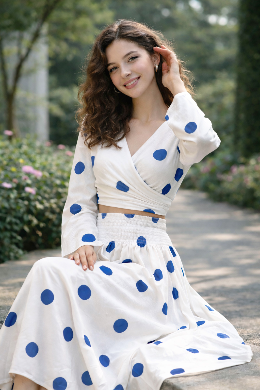 Clobug Women Polka Printed Full Sleeve Crepe Top & Skirt Set