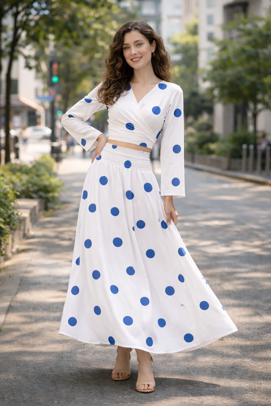 Clobug Women Polka Printed Full Sleeve Crepe Top & Skirt Set