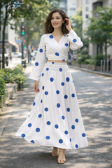 Clobug Women Polka Printed Full Sleeve Crepe Top & Skirt Set
