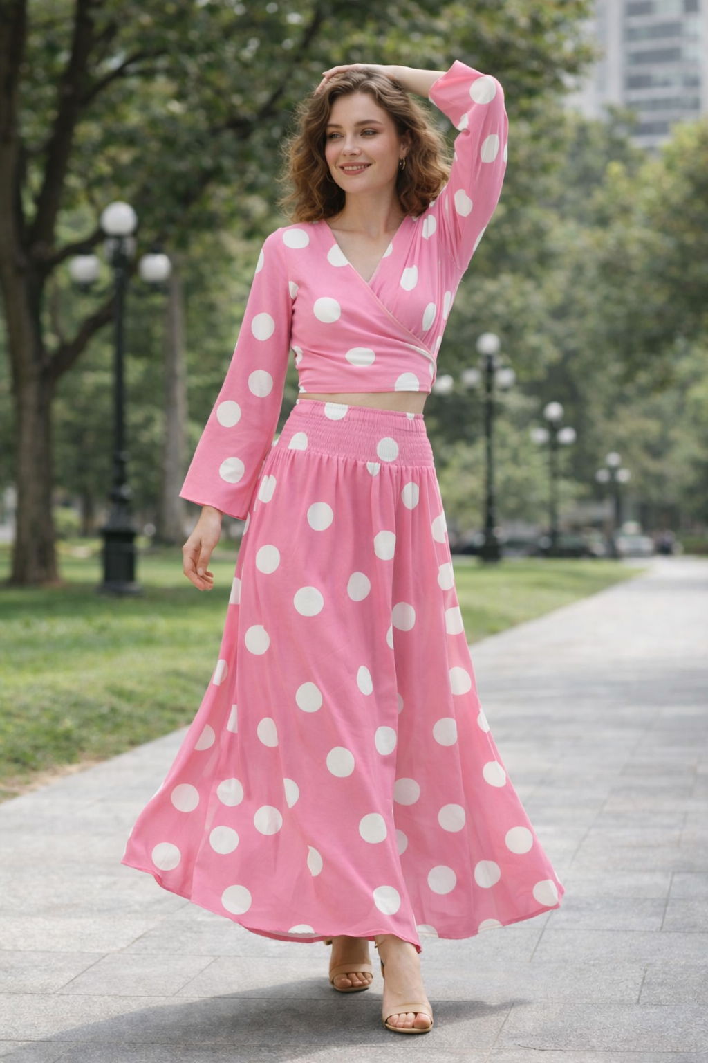 Clobug Women Polka Printed Full Sleeve Crepe Top & Skirt Set