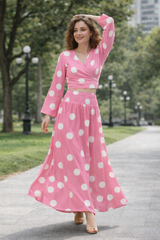 Clobug Women Polka Printed Full Sleeve Crepe Top & Skirt Set