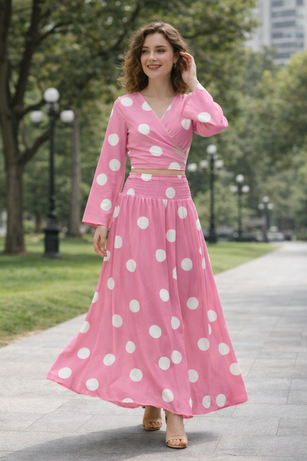 Clobug Women Polka Printed Full Sleeve Crepe Top & Skirt Set