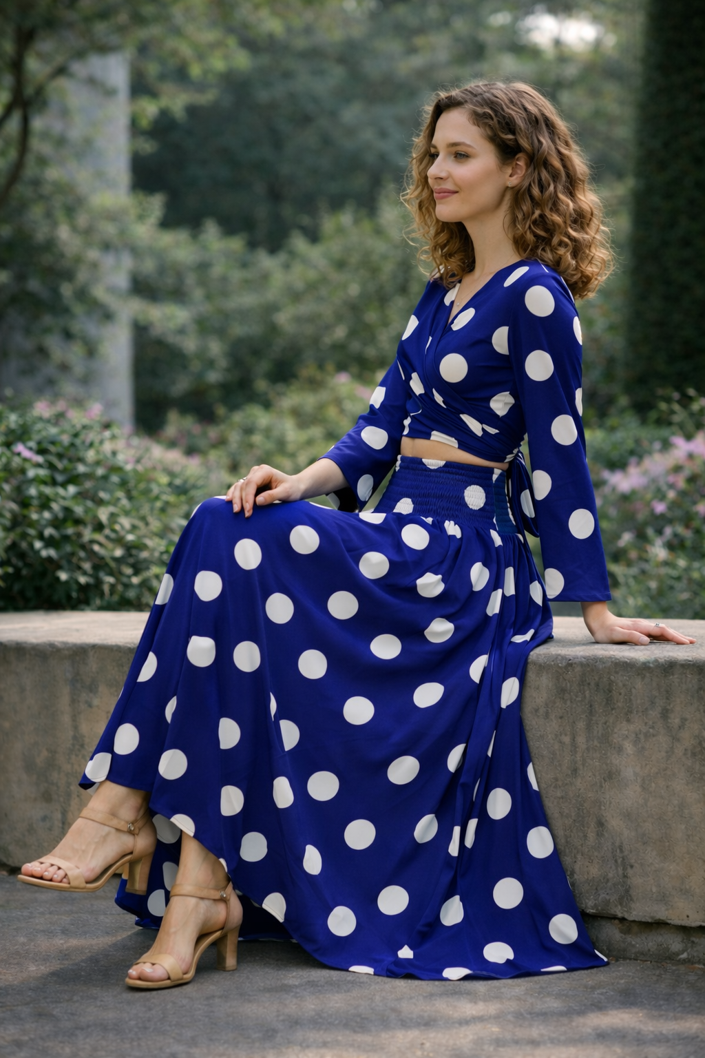 Clobug Women Polka Printed Full Sleeve Crepe Top & Skirt Set