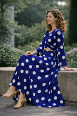 Clobug Women Polka Printed Full Sleeve Crepe Top & Skirt Set