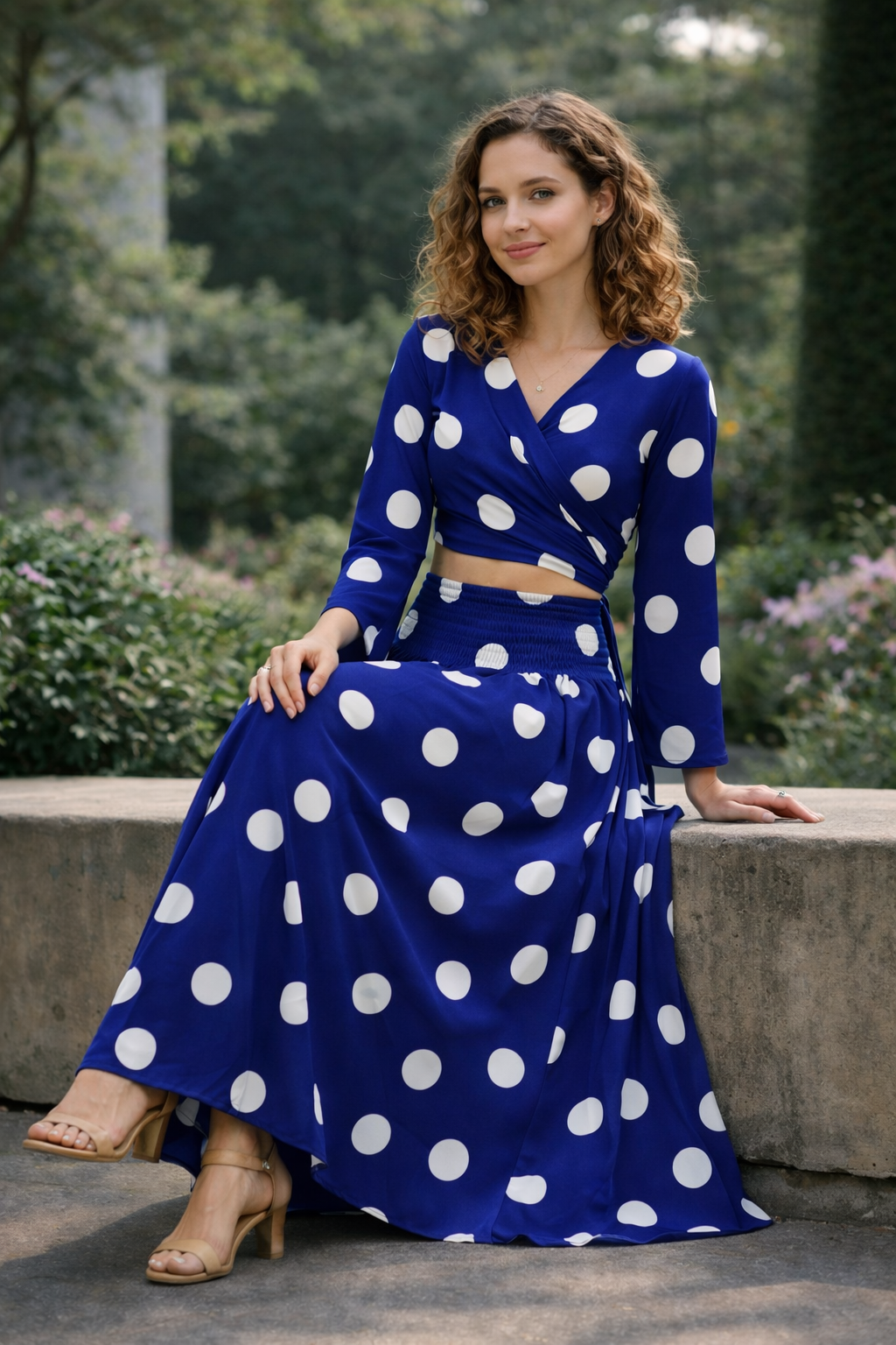 Clobug Women Polka Printed Full Sleeve Crepe Top & Skirt Set