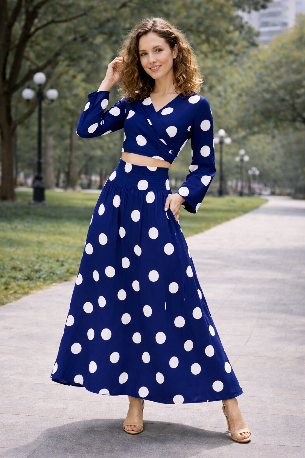 Clobug Women Polka Printed Full Sleeve Crepe Top & Skirt Set