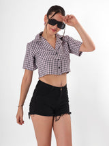 Checkered Notched Collar Crop Shirt