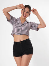 Checkered Notched Collar Crop Shirt