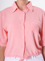 Crinkle Pink Crop Shirt with Drawstring